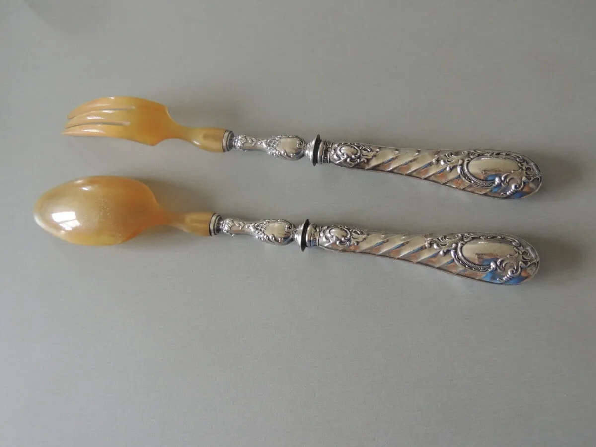 Service à salade en corne et métal argenté – Image 3