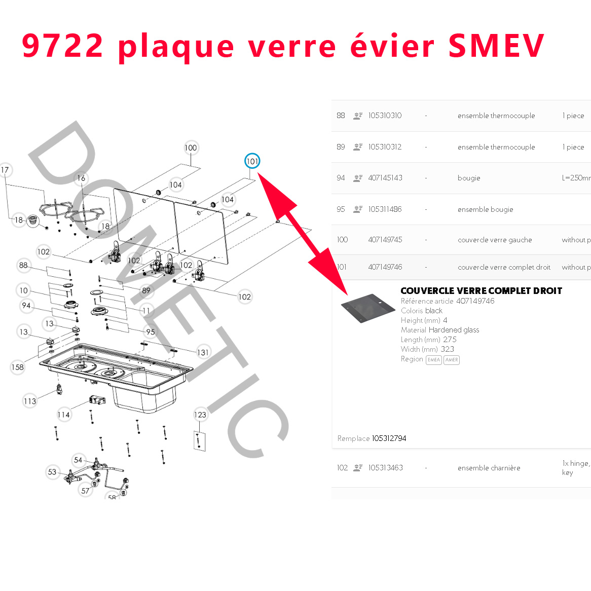 Couvercle droit en verre pour le coté évier d’un ensemble évier/table de cuisson, gazinière des Modèle SMEV 9722, MO9722 de Dometic – Image 3
