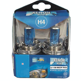 Lot de 2 ampoules H4 12 V 60/55 W P43T xénon bleu