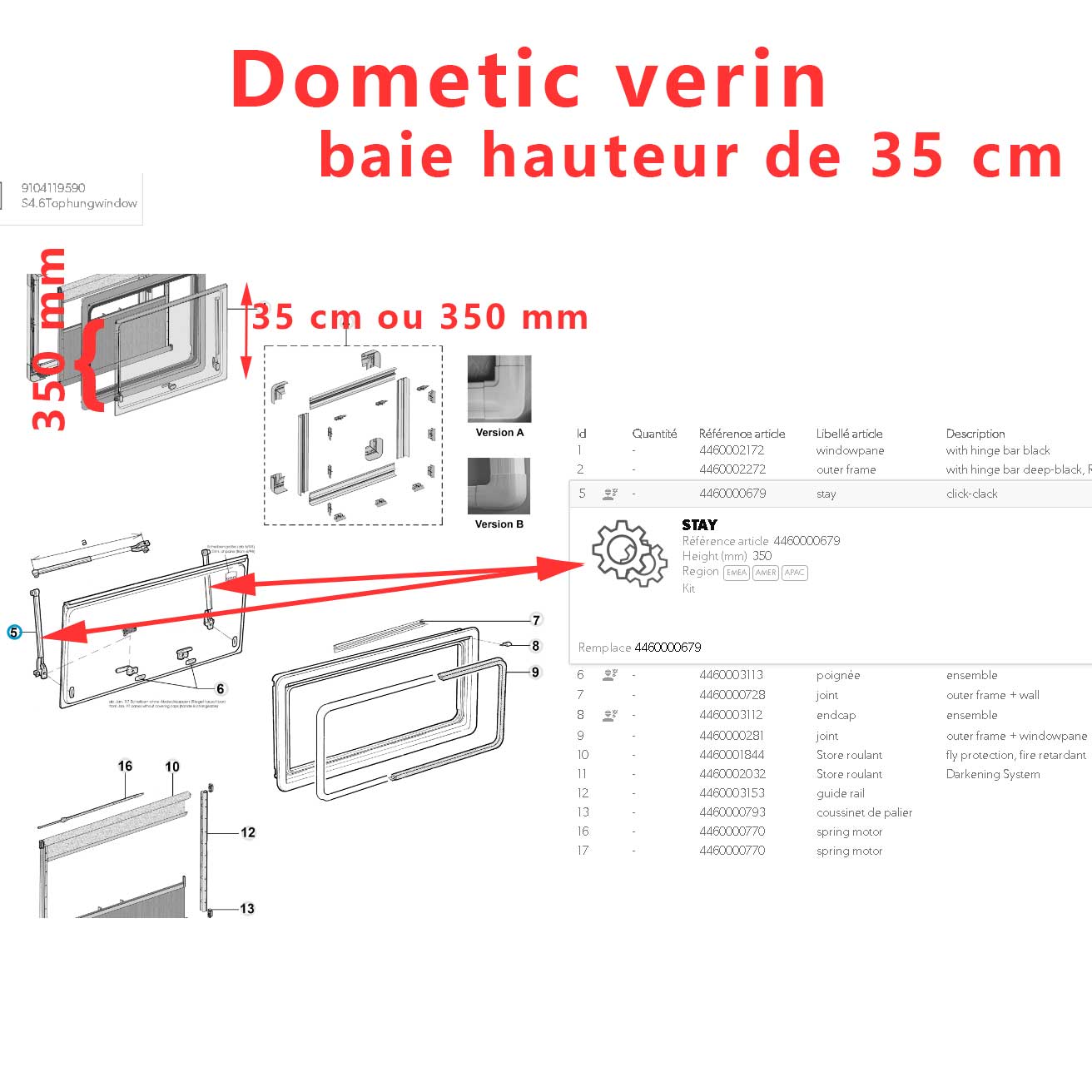 Paire de compas ou vérin et à cliquets avec poignées ou compas pour les baies de 350 mm Dometic Seitz – Image 3