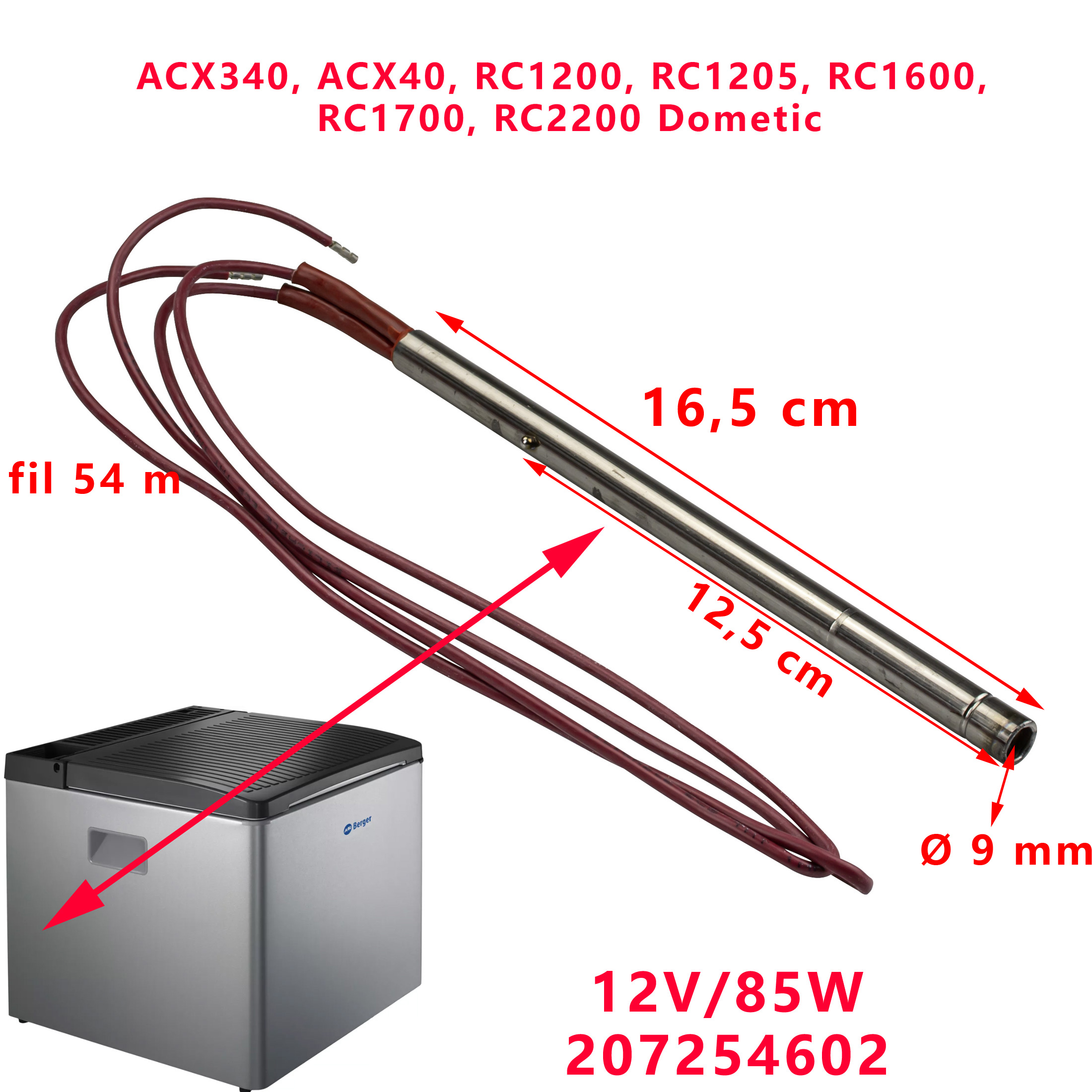 Résistance 12V/85W 207254602 pour réfrigérateur ACX340, ACX40, RC1200, RC1205, RC1600, RC1700, RC2200 par Dometic