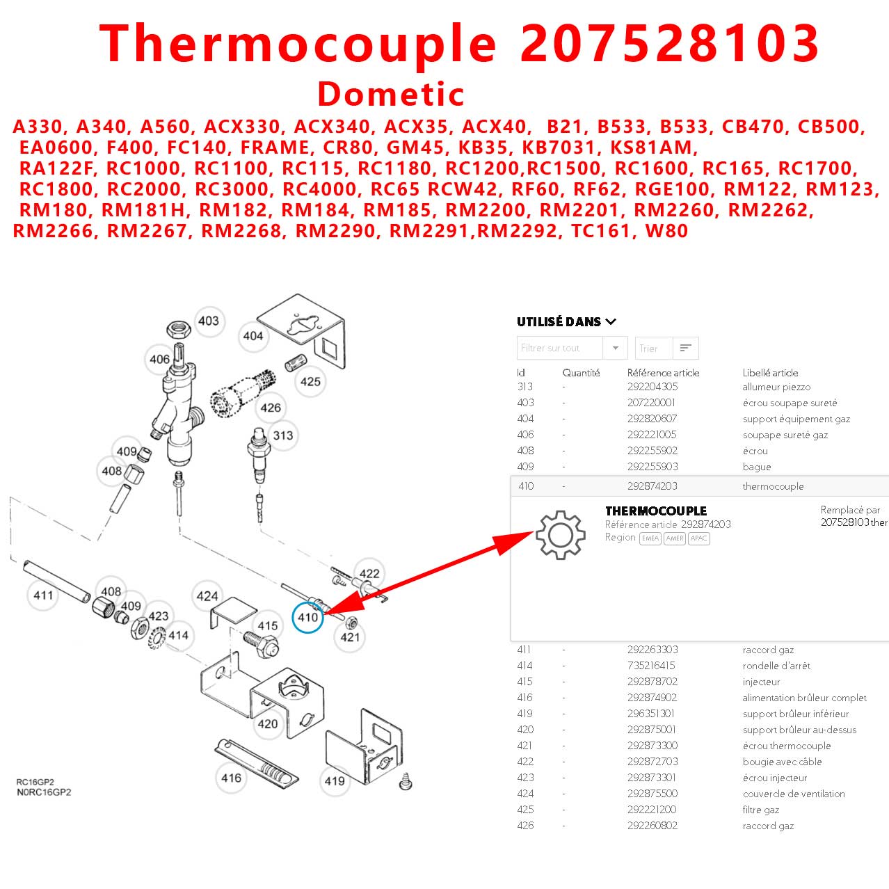 Thermocouple A330, A340, A560, ACX330, ACX340, ACX35, ACX40, B21, B533 etc et autres par Dometic – Image 3
