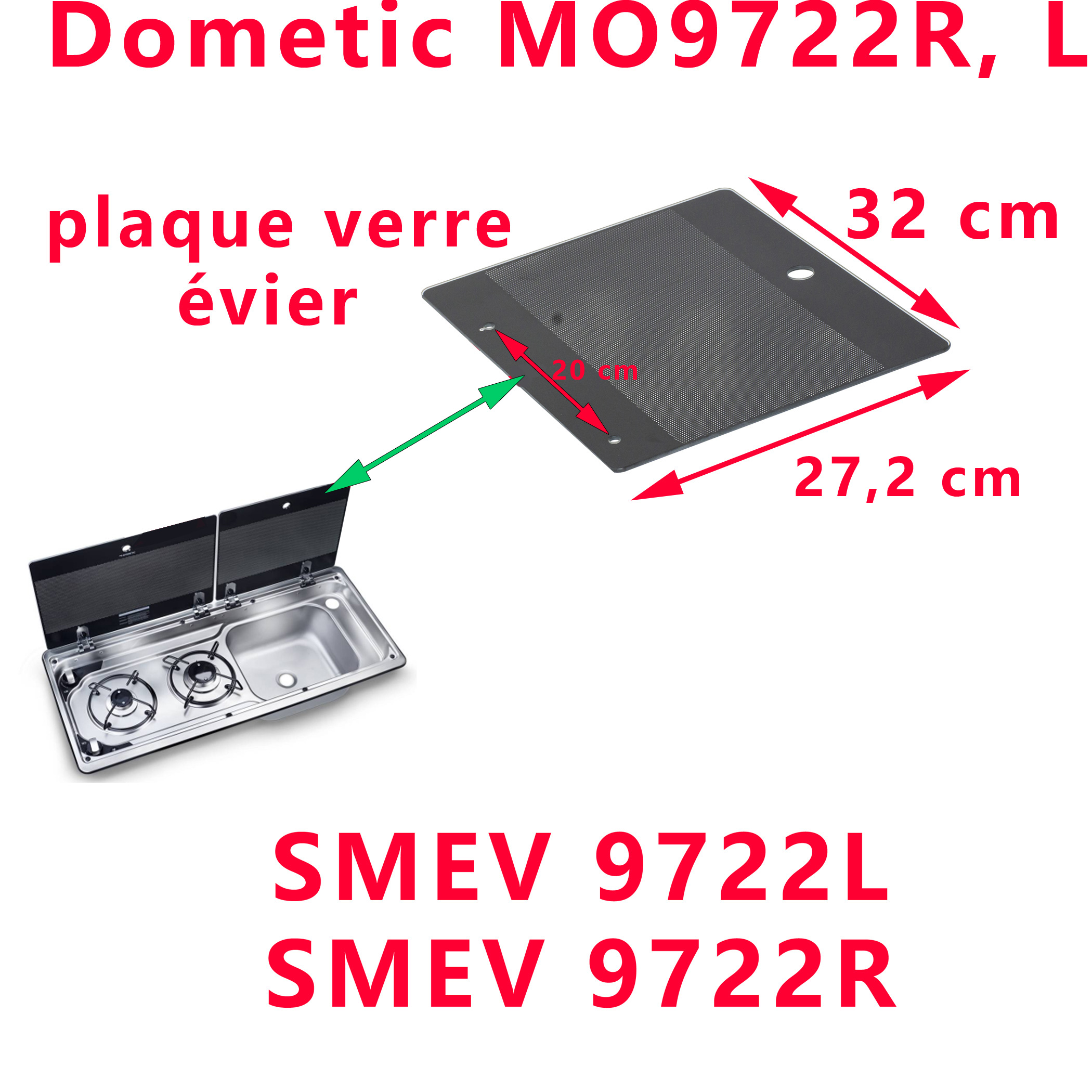 Couvercle droit en verre pour le coté évier d’un ensemble évier/table de cuisson, gazinière des Modèle SMEV 9722, MO9722 de Dometic