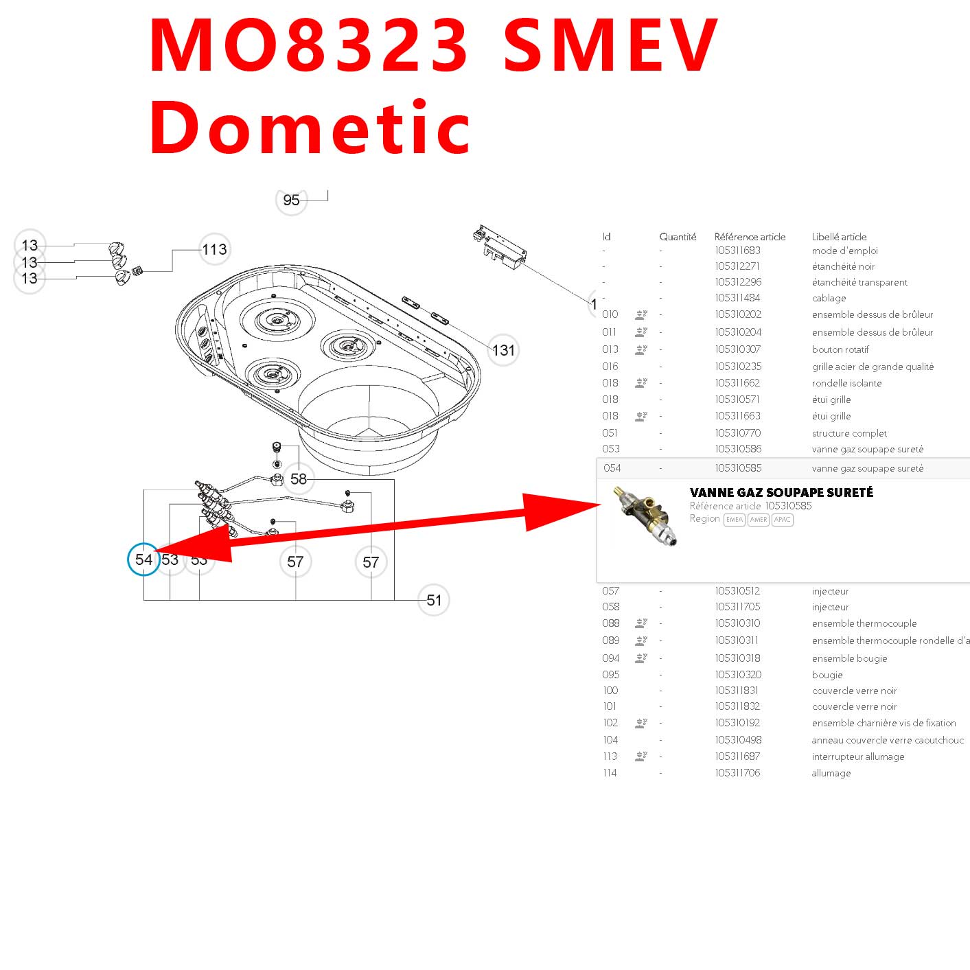 Vanne de régulation gaz ou robinet d’arret pour cuisiniere MO8303, MO8323, PI2232, PI8062, PI8463, PI8063, M08103, PI8203, CU400, CU414, PI8062M, PI2232M de SMEV Dometic – Image 2