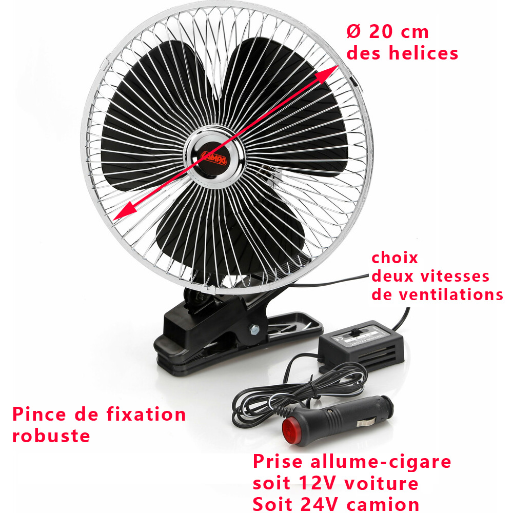 Ventilateur chromé 8 pouces (20cm) 24V ou 12V