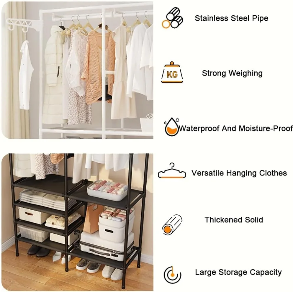 Portant Penderie à Vêtements De Vêtement, Porte Manteau Armoire Crochets Etagères De Rangement en avec étagère pour Chaussures pour Maison Salon Chambre Entrée – Image 4