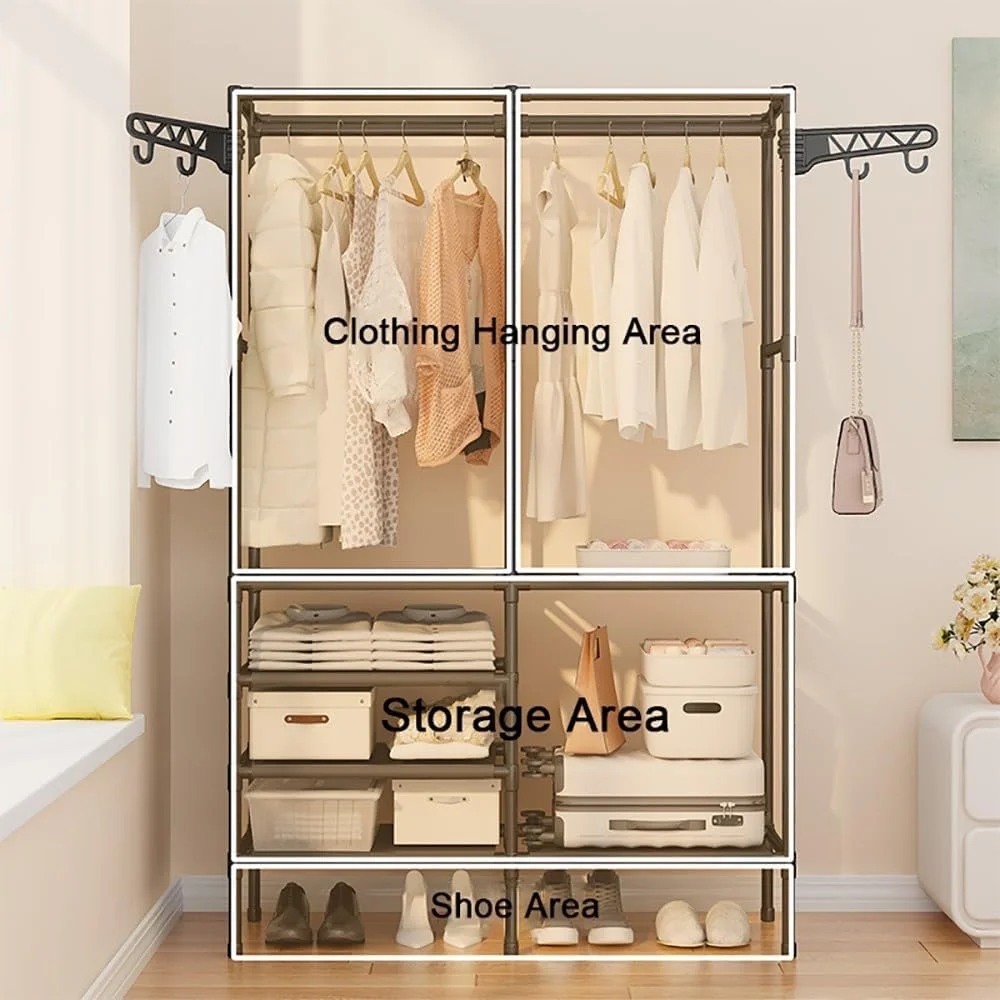 Portant Penderie à Vêtements De Vêtement, Porte Manteau Armoire Crochets Etagères De Rangement en avec étagère pour Chaussures pour Maison Salon Chambre Entrée – Image 3