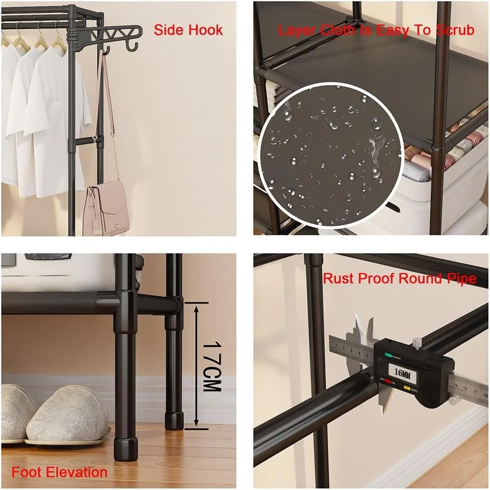 Portant Penderie à Vêtements De Vêtement, Porte Manteau Armoire Crochets Etagères De Rangement en avec étagère pour Chaussures pour Maison Salon Chambre Entrée – Image 2