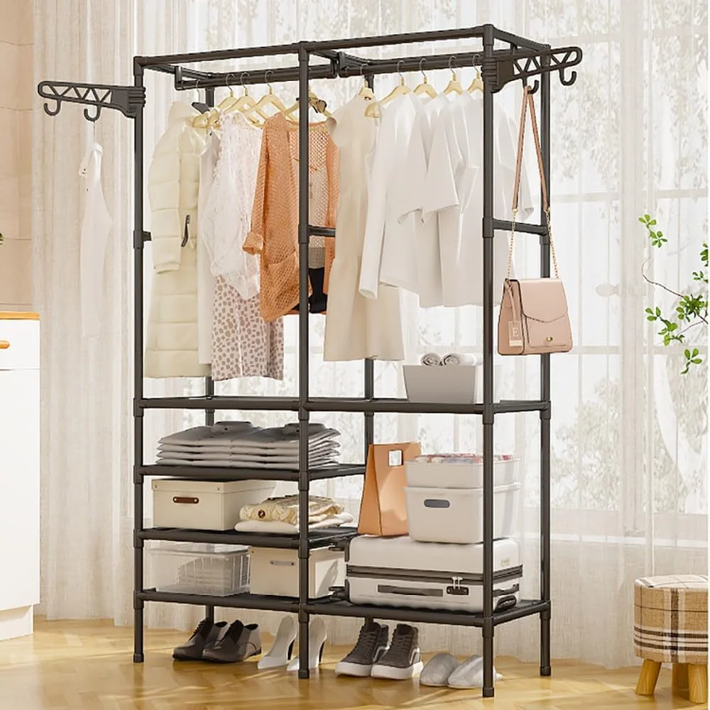 Portant Penderie à Vêtements De Vêtement, Porte Manteau Armoire Crochets Etagères De Rangement en avec étagère pour Chaussures pour Maison Salon Chambre Entrée – Image 5