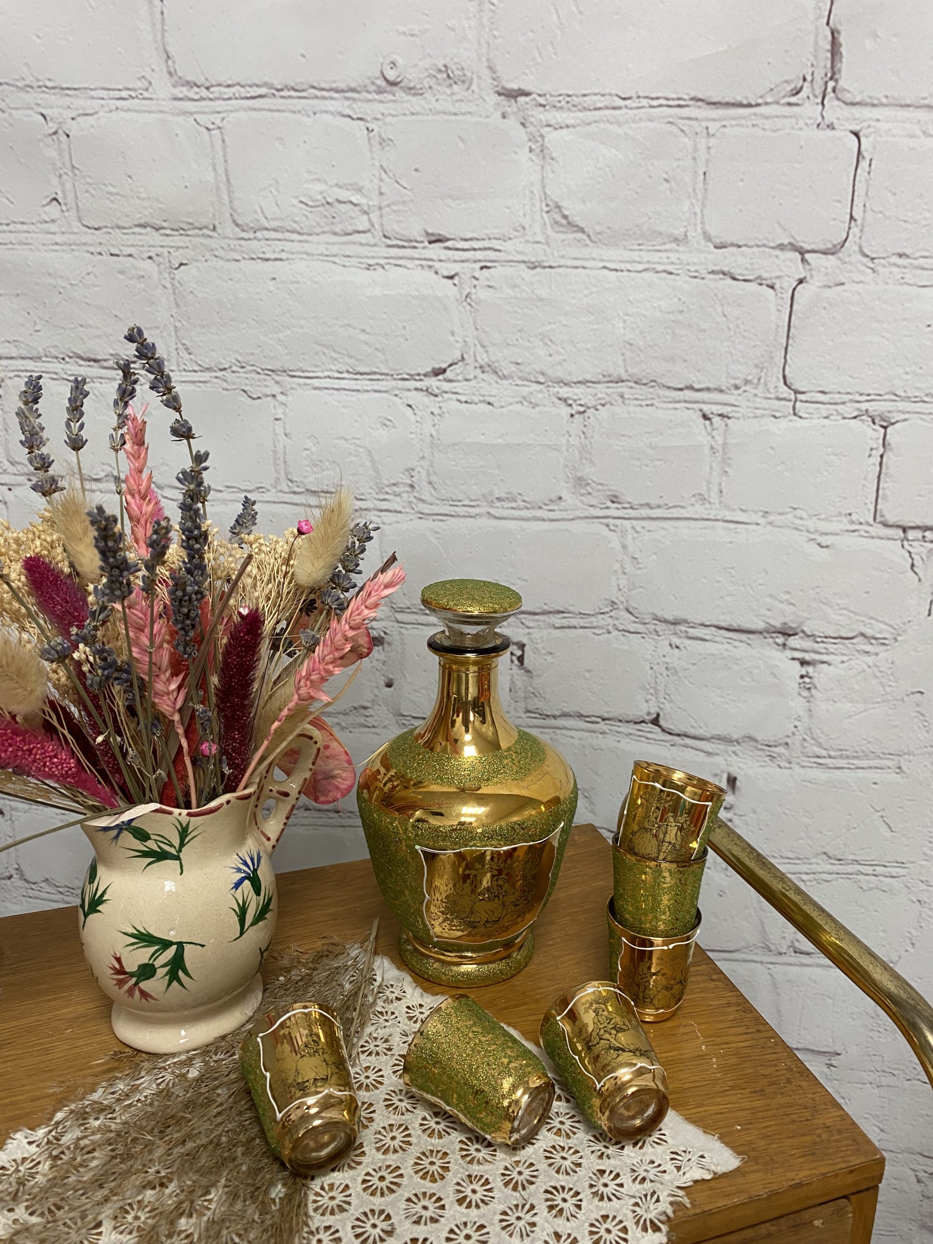 Service liqueur vintage verrerie de Monaco granité vert pomme