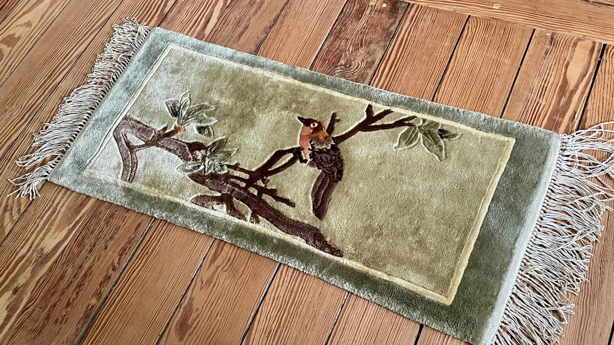 TAPIS Chinois aux OISEAUX Soie VINTAGE – 62x28cm – Image 3