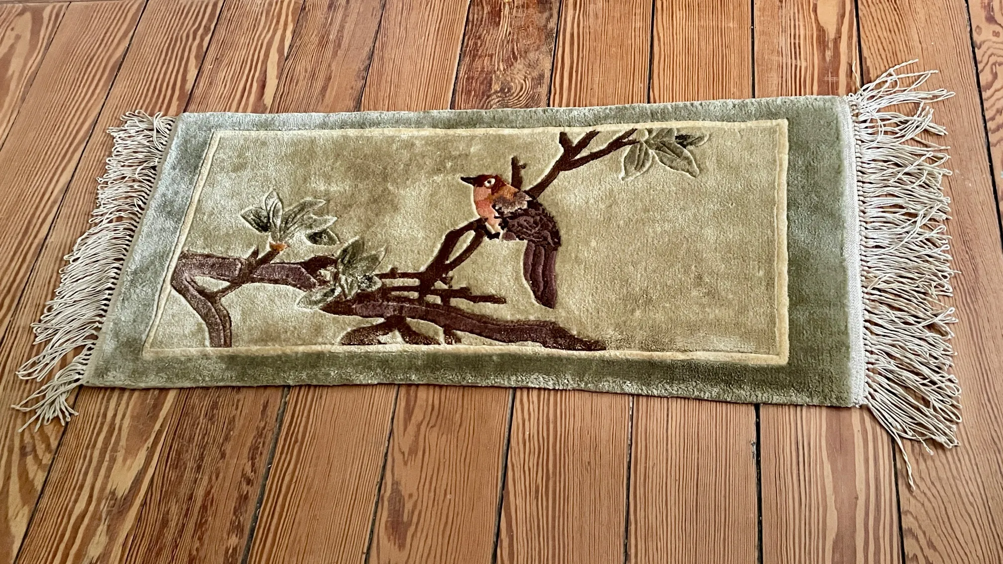TAPIS Chinois aux OISEAUX Soie VINTAGE – 62x28cm – Image 2